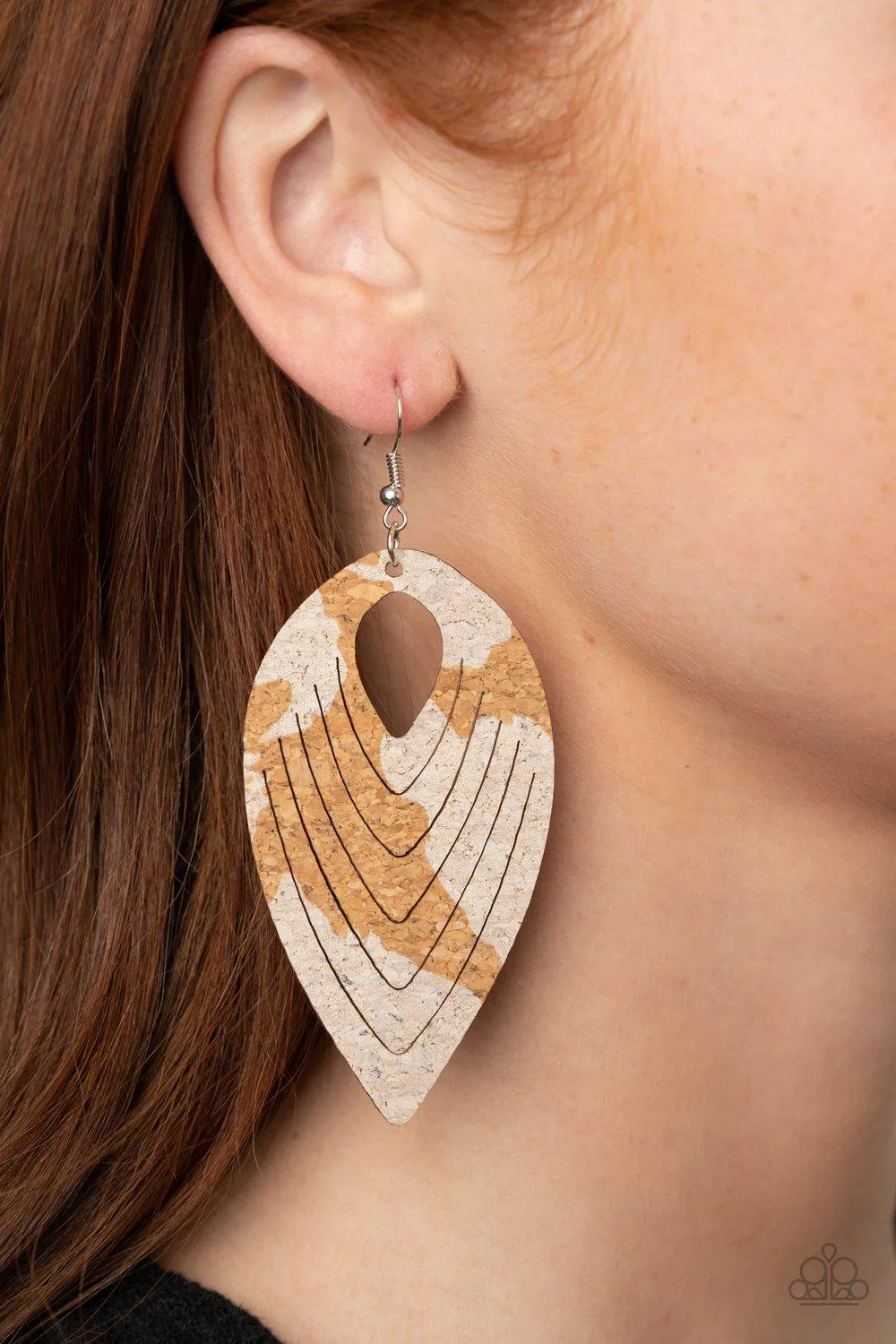 Cork Cabana White and Cork Teardrop Earrings - Paparazzi Accessories