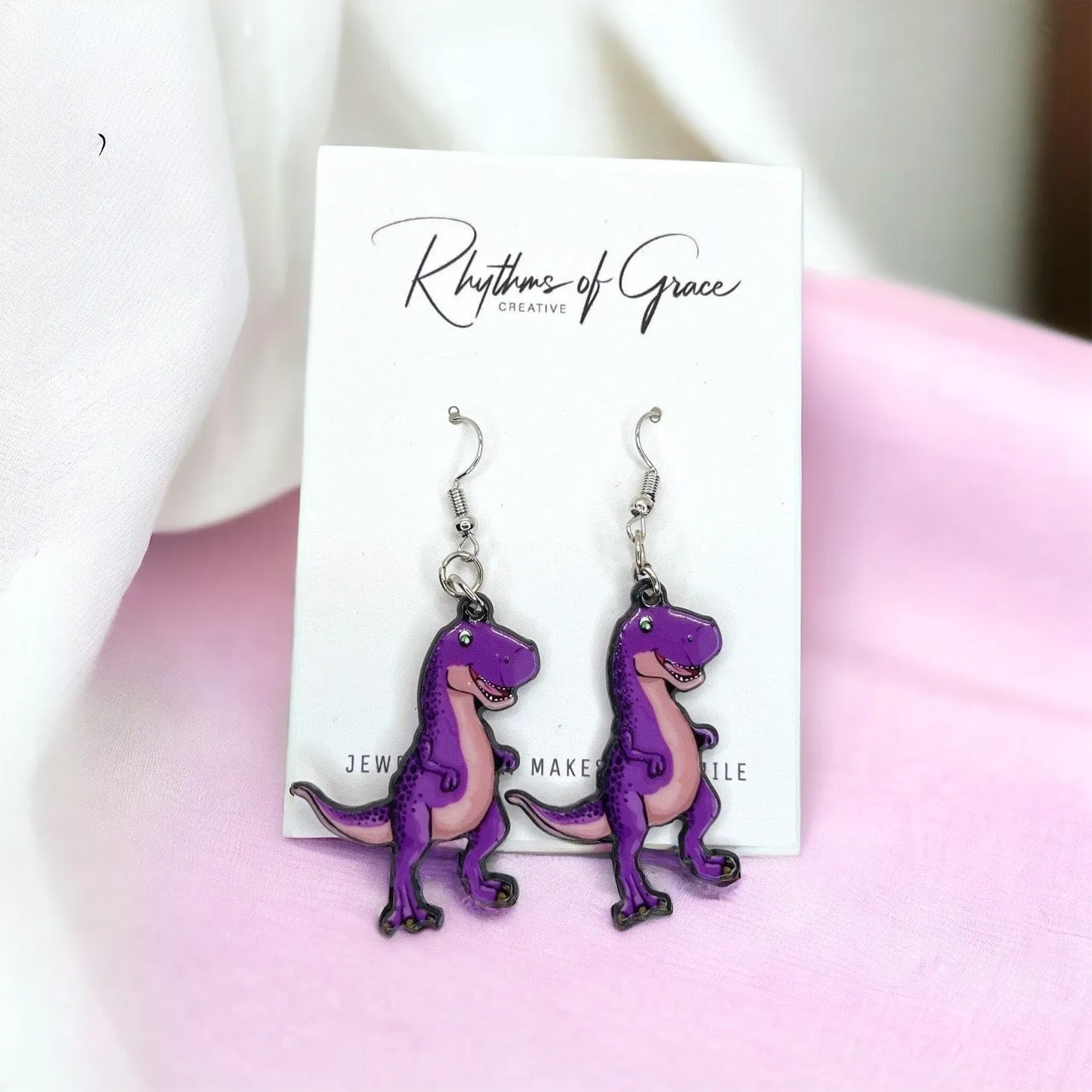 Dinosaur Earrings - Dinosaur Jewelry, Purple Dinosaur, Handmade Earrings, Handmade Jewelry, Animal Earrings, Animal Jewelry, Dino Earrings