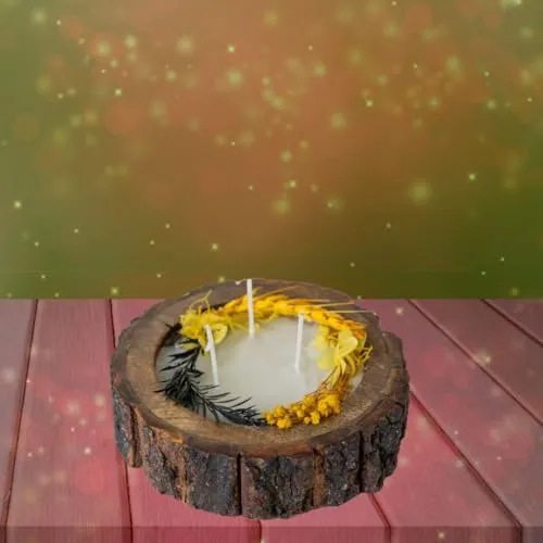 Wooden Log Round Aroma Filter Natural Flower Topping Candles with 125 Grams Wax pack of 1 (Champa Kali)…